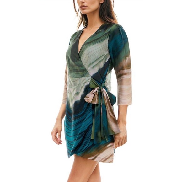 Socialite Olive Teal Abstract Marble Print Wrap Mini Dress WDR121749-N New Small - Picture 3 of 12